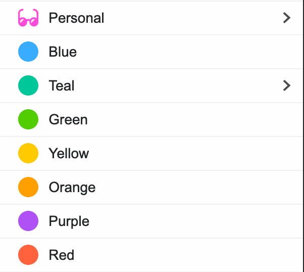 Firefox Multi-Account Containers list containing containers labelled "Personal", "Blue", "Teal", "Green", "Yellow", "Orange", "Purple", and "Red", with the "Personal" container having a pink sunglasses icon to the left, and the color-named containers having a dot of that color